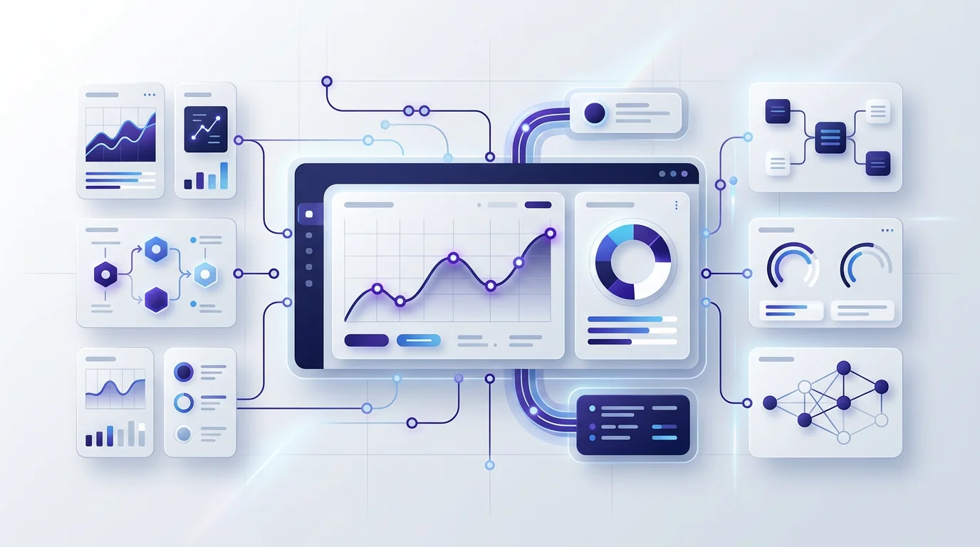 Abstract representation of custom software, dashboards, and connected systems